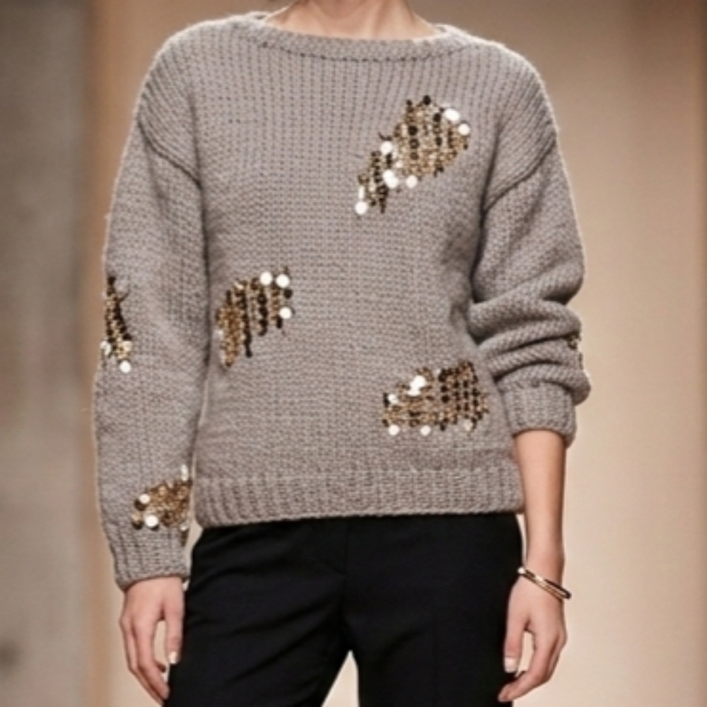 ZARA Mink Limited Edition Chunky Knit Sequin Distressed Sweater Taupe Medium